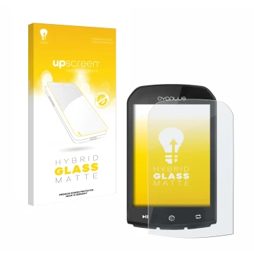 Parte frontal de un envase de producto con el logotipo de la marca upscreen. Al lado se muestra el dispositivo Cycplus M1 2.9
