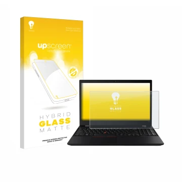 Parte frontal de un envase de producto con el logotipo de la marca upscreen. Al lado se muestra el dispositivo Lenovo ThinkPad