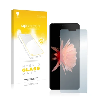 Parte frontal de un envase de producto con el logotipo de la marca upscreen. Al lado se muestra el dispositivo Sony Xperia 10 