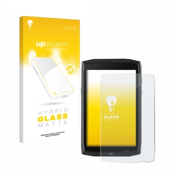 Parte frontal de un envase de producto con el logotipo de la marca upscreen. Al lado se muestra el dispositivo Crosscall Core 