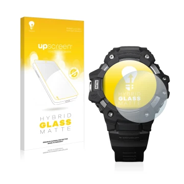 Parte frontal de un envase de producto con el logotipo de la marca upscreen. Al lado se muestra el dispositivo Casio G-Shock G