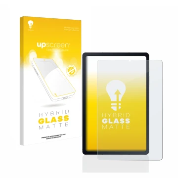 Parte frontal de un envase de producto con el logotipo de la marca upscreen. Al lado se muestra el dispositivo Samsung Galaxy 