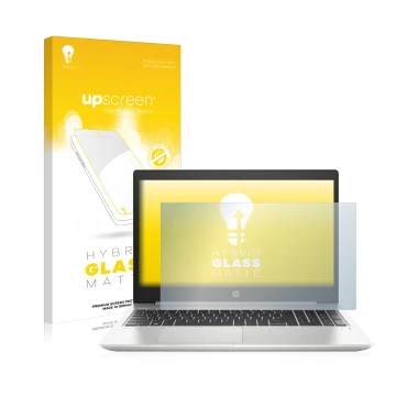 Parte frontal de un envase de producto con el logotipo de la marca upscreen. Al lado se muestra el dispositivo HP ProBook 450 
