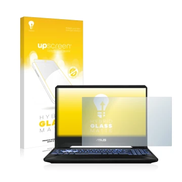 Parte frontal de un envase de producto con el logotipo de la marca upscreen. Al lado se muestra el dispositivo ASUS TUF Gaming