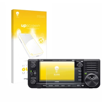 Parte frontal de un envase de producto con el logotipo de la marca upscreen. Al lado se muestra el dispositivo Icom IC-705 con