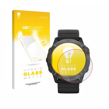 Parte frontal de un envase de producto con el logotipo de la marca upscreen. Al lado se muestra el dispositivo Garmin Fenix 6X