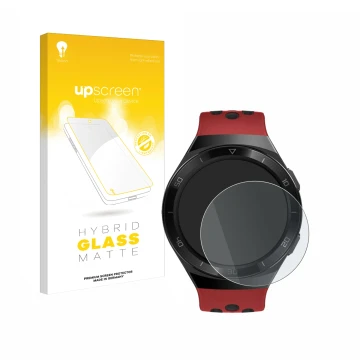 Parte frontal de un envase de producto con el logotipo de la marca upscreen. Al lado se muestra el dispositivo Huawei Watch GT