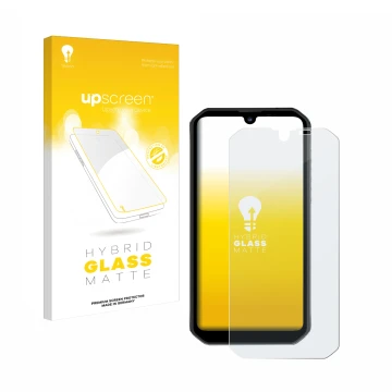 Parte frontal de un envase de producto con el logotipo de la marca upscreen. Al lado se muestra el dispositivo Blackview BV990