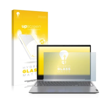 Parte frontal de un envase de producto con el logotipo de la marca upscreen. Al lado se muestra el dispositivo Lenovo V15 15''