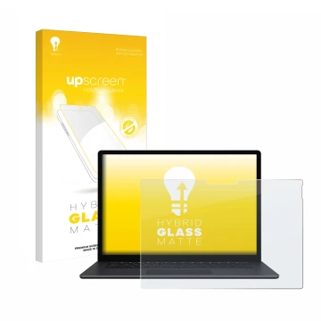 Parte frontal de un envase de producto con el logotipo de la marca upscreen. Al lado se muestra el dispositivo Microsoft Surfa