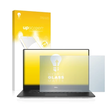 Parte frontal de un envase de producto con el logotipo de la marca upscreen. Al lado se muestra el dispositivo Dell Precision 