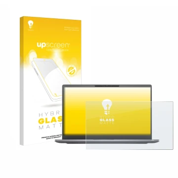 Parte frontal de un envase de producto con el logotipo de la marca upscreen. Al lado se muestra el dispositivo Dell Latitude 7