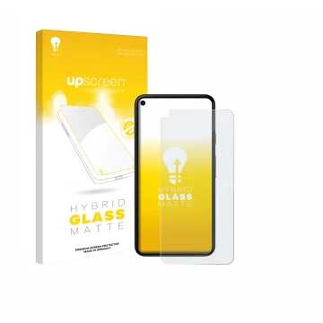 Parte frontal de un envase de producto con el logotipo de la marca upscreen. Al lado se muestra el dispositivo Google Pixel 5 