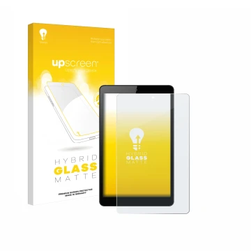 Parte frontal de un envase de producto con el logotipo de la marca upscreen. Al lado se muestra el dispositivo Huawei MediaPad