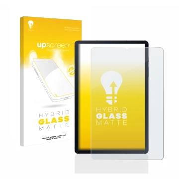 Parte frontal de un envase de producto con el logotipo de la marca upscreen. Al lado se muestra el dispositivo Samsung Galaxy 