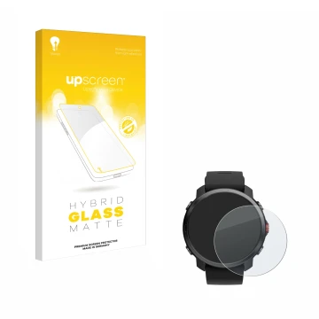 Parte frontal de un envase de producto con el logotipo de la marca upscreen. Al lado se muestra el dispositivo Polar Grit X co