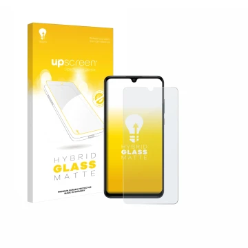 Parte frontal de un envase de producto con el logotipo de la marca upscreen. Al lado se muestra el dispositivo Huawei P30 lite