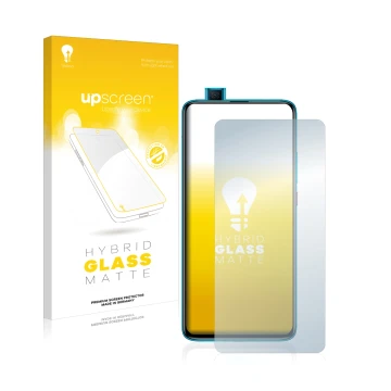 Parte frontal de un envase de producto con el logotipo de la marca upscreen. Al lado se muestra el dispositivo Xiaomi Poco F2 