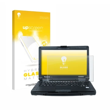 Parte frontal de un envase de producto con el logotipo de la marca upscreen. Al lado se muestra el dispositivo Panasonic Tough