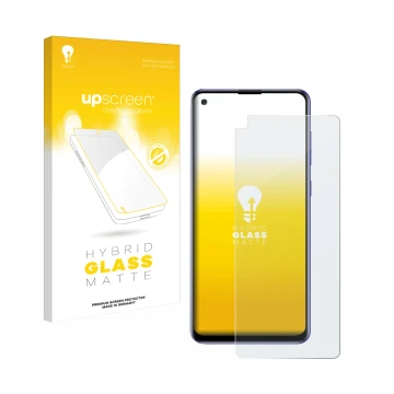 Parte frontal de un envase de producto con el logotipo de la marca upscreen. Al lado se muestra el dispositivo Samsung Galaxy 