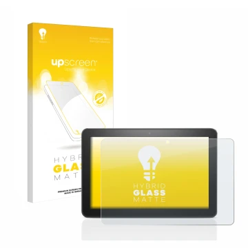 Parte frontal de un envase de producto con el logotipo de la marca upscreen. Al lado se muestra el dispositivo Amazon Fire HD 