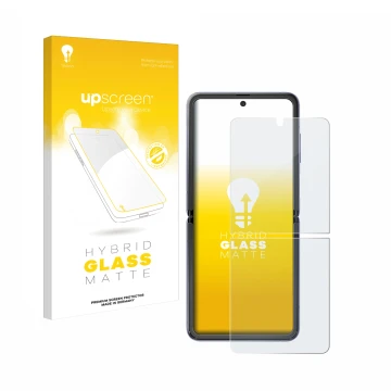 Parte frontal de un envase de producto con el logotipo de la marca upscreen. Al lado se muestra el dispositivo Samsung Galaxy 