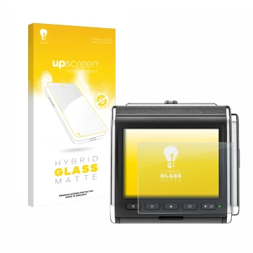 Parte frontal de un envase de producto con el logotipo de la marca upscreen. Al lado se muestra el dispositivo Hasselblad CFV 
