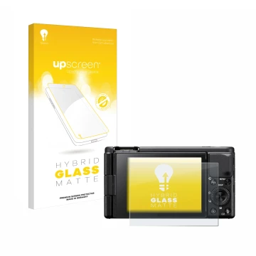 Parte frontal de un envase de producto con el logotipo de la marca upscreen. Al lado se muestra el dispositivo Sony ZV-1 con s