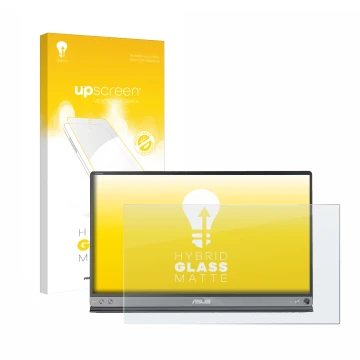 Parte frontal de un envase de producto con el logotipo de la marca upscreen. Al lado se muestra el dispositivo ASUS ZenScreen 