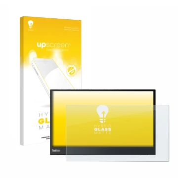 Parte frontal de un envase de producto con el logotipo de la marca upscreen. Al lado se muestra el dispositivo Lenovo ThinkVis