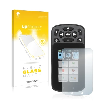 Parte frontal de un envase de producto con el logotipo de la marca upscreen. Al lado se muestra el dispositivo Minn Kota I-Pil