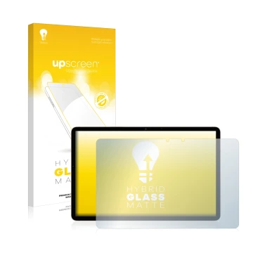 Parte frontal de un envase de producto con el logotipo de la marca upscreen. Al lado se muestra el dispositivo Samsung Galaxy 