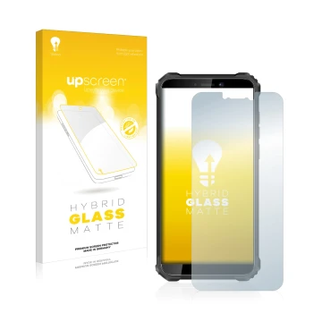 Parte frontal de un envase de producto con el logotipo de la marca upscreen. Al lado se muestra el dispositivo Oukitel WP5 Pro