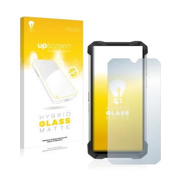 Parte frontal de un envase de producto con el logotipo de la marca upscreen. Al lado se muestra el dispositivo Doogee S88 Pro 