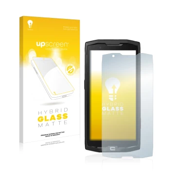 Parte frontal de un envase de producto con el logotipo de la marca upscreen. Al lado se muestra el dispositivo Crosscall Core 