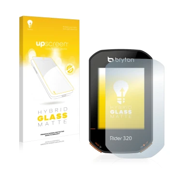 Parte frontal de un envase de producto con el logotipo de la marca upscreen. Al lado se muestra el dispositivo Bryton Rider 32