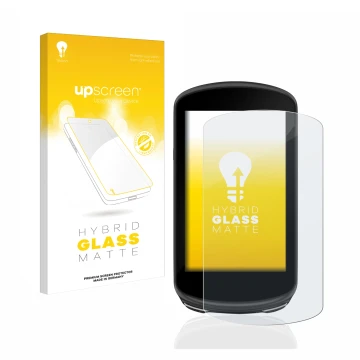 Parte frontal de un envase de producto con el logotipo de la marca upscreen. Al lado se muestra el dispositivo Garmin Edge 103