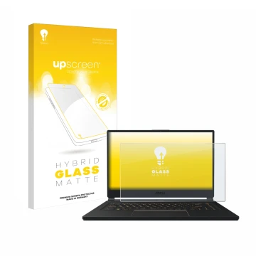 Parte frontal de un envase de producto con el logotipo de la marca upscreen. Al lado se muestra el dispositivo MSI GS66 Stealt