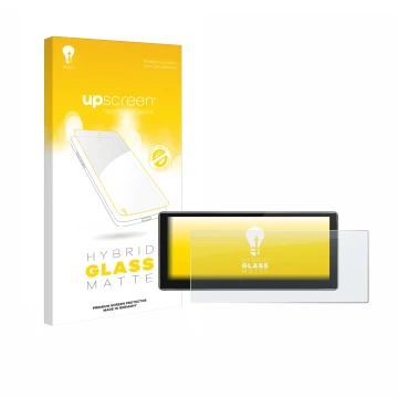 Parte frontal de un envase de producto con el logotipo de la marca upscreen. Al lado se muestra el dispositivo Joying 4G Car R