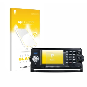 Parte frontal de un envase de producto con el logotipo de la marca upscreen. Al lado se muestra el dispositivo Uniden SDS200E 