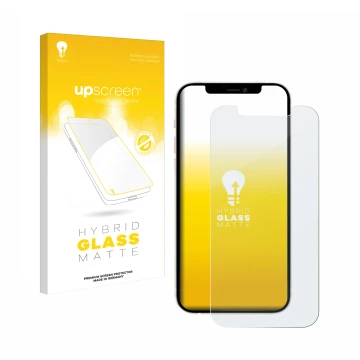 Parte frontal de un envase de producto con el logotipo de la marca upscreen. Al lado se muestra el dispositivo Apple iPhone 12