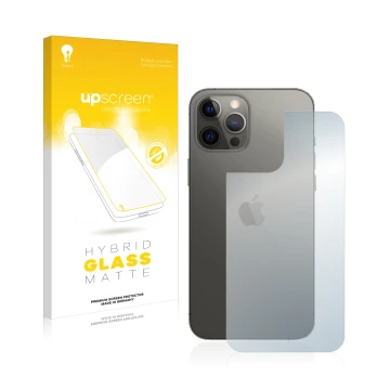Parte frontal de un envase de producto con el logotipo de la marca upscreen. Al lado se muestra el dispositivo Apple iPhone 12