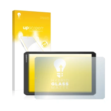 Parte frontal de un envase de producto con el logotipo de la marca upscreen. Al lado se muestra el dispositivo Garmin Camper 8