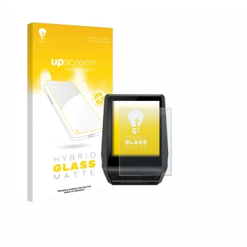 Parte frontal de un envase de producto con el logotipo de la marca upscreen. Al lado se muestra el dispositivo Bosch Nyon 2020