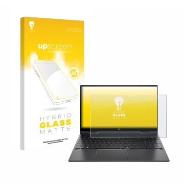 Parte frontal de un envase de producto con el logotipo de la marca upscreen. Al lado se muestra el dispositivo HP Envy x360 (1