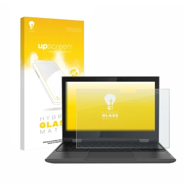 Parte frontal de un envase de producto con el logotipo de la marca upscreen. Al lado se muestra el dispositivo Lenovo 300e (2d