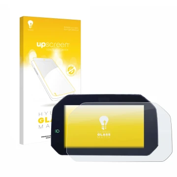 Parte frontal de un envase de producto con el logotipo de la marca upscreen. Al lado se muestra el dispositivo BMW S 1000 XR 2