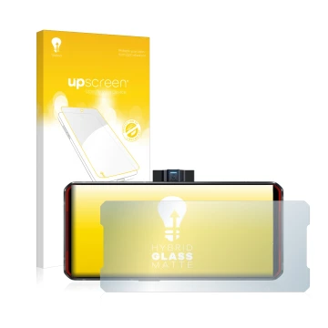 Parte frontal de un envase de producto con el logotipo de la marca upscreen. Al lado se muestra el dispositivo Lenovo Legion D