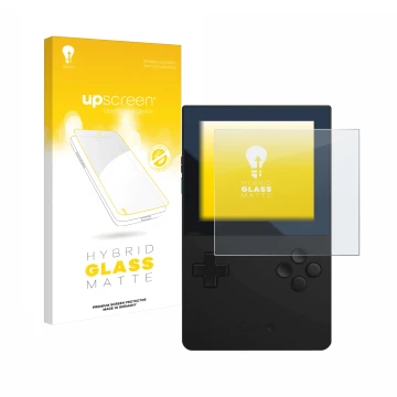 Parte frontal de un envase de producto con el logotipo de la marca upscreen. Al lado se muestra el dispositivo Analogue Pocket