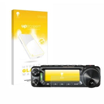 Parte frontal de un envase de producto con el logotipo de la marca upscreen. Al lado se muestra el dispositivo Yaesu FT-891 co